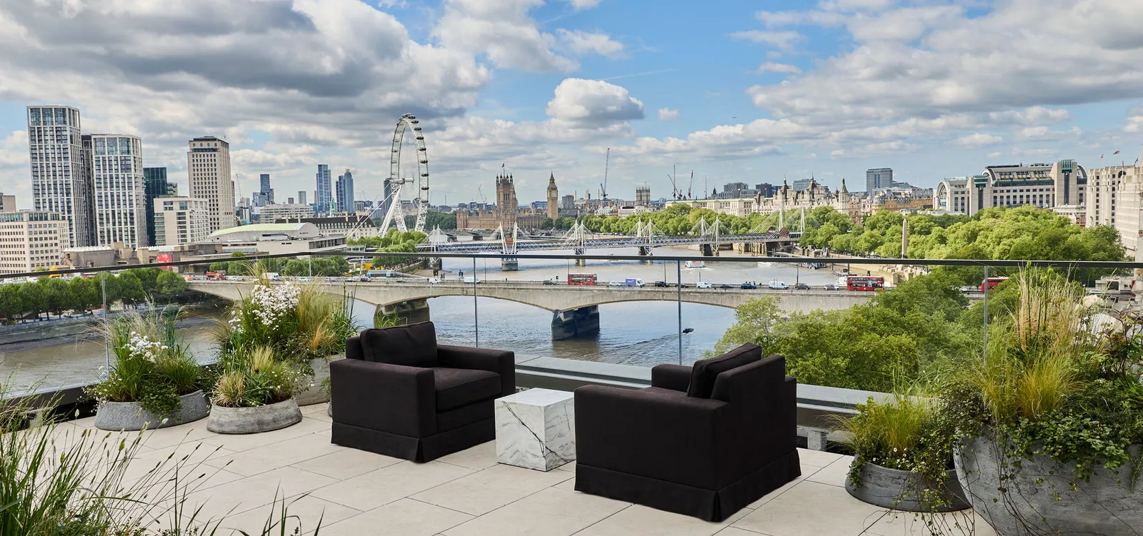 St. Clement’s roof terrace, with the Thames, Waterloo Bridge and the London Eye