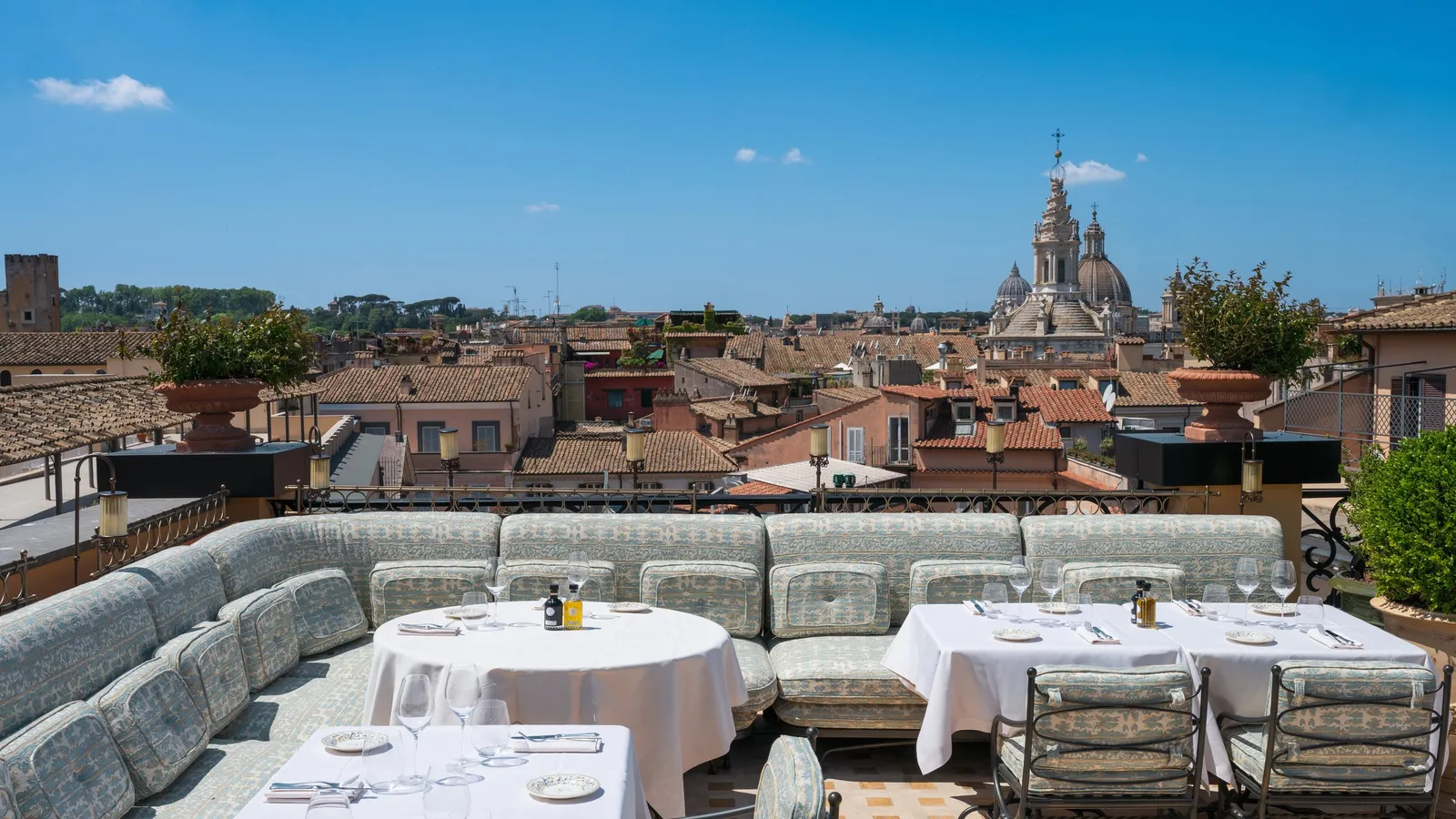 Gigi Rigolatto’s terrace on the seventh floor, with St Peter’s dome on the horizon
