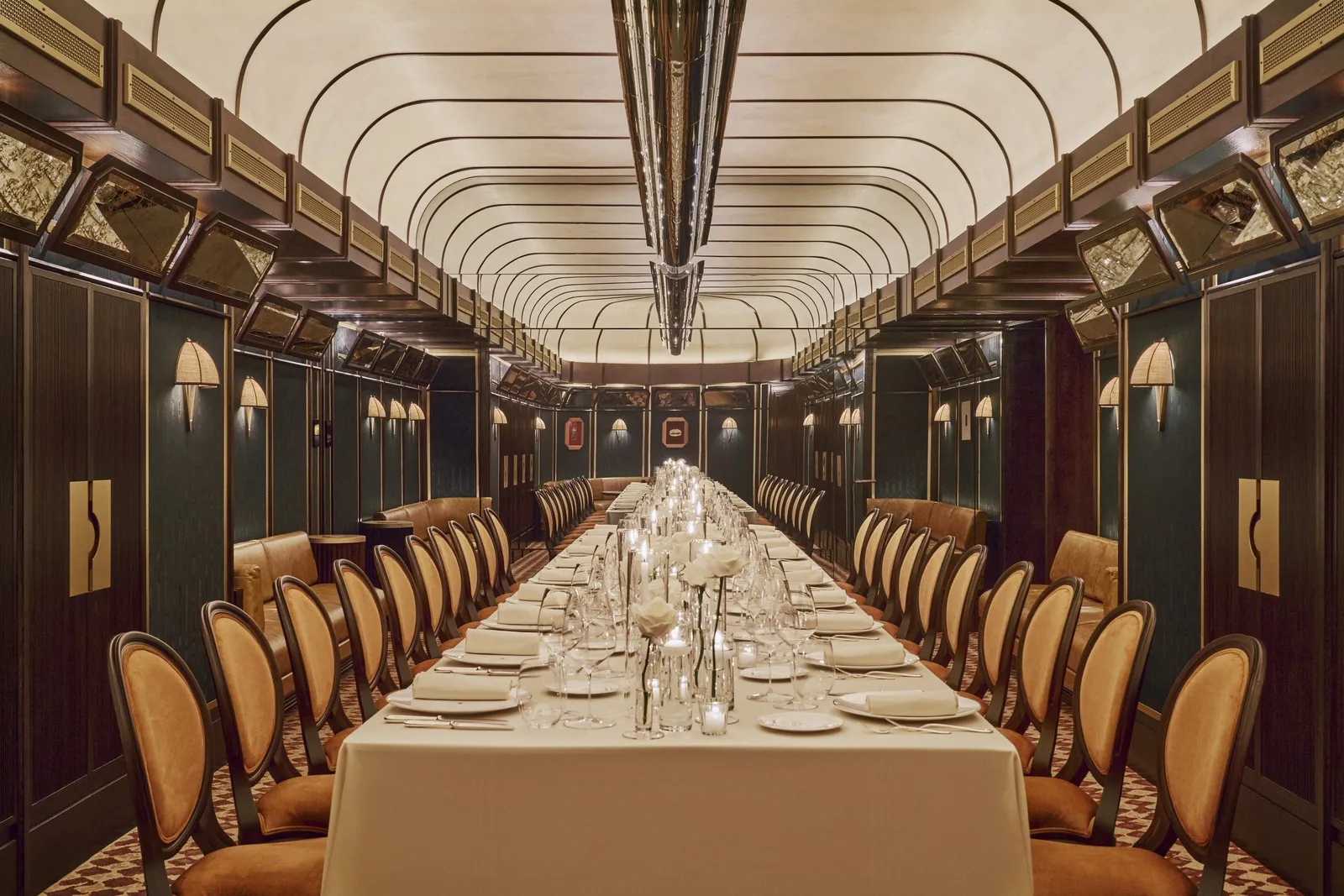 The Rinaldi private dining room with a long table under the vault