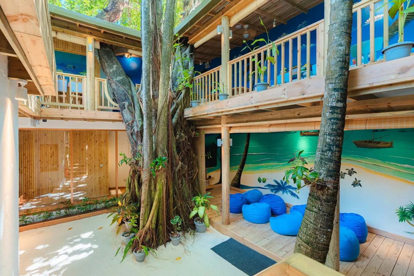 The Treehouse Kids Retreat’s courtyard around the trunk of the great banyan, with blue beanbags and painted walls.