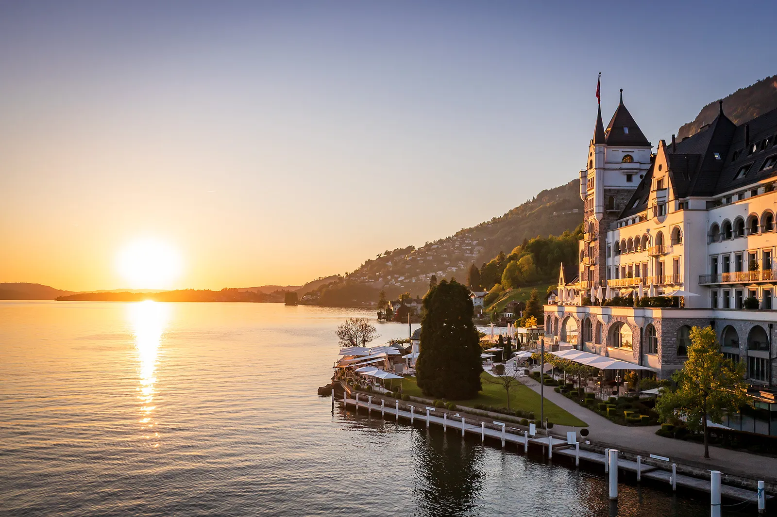 Park Hotel Vitznau on the lakeshore at sunset