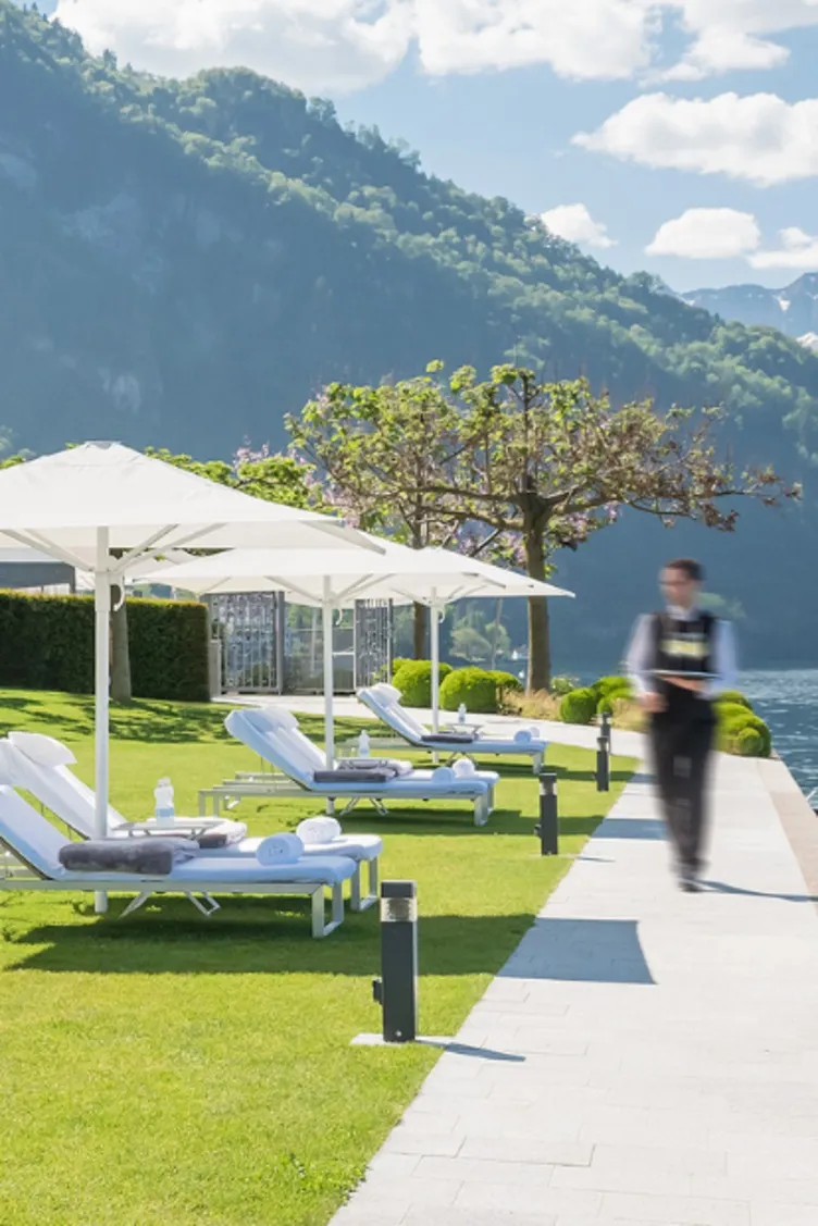 The hotel lawn beside the lake