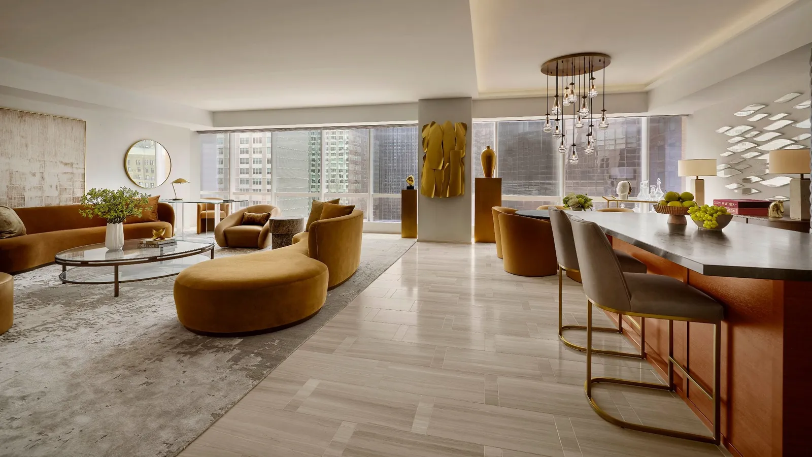 Living and dining area with ochre seating and broad windows