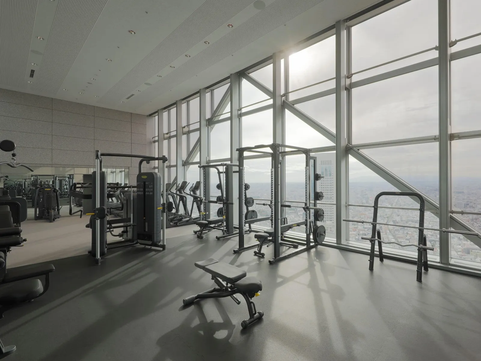 The gym under full-height windows, with Technogym machines and the city below.