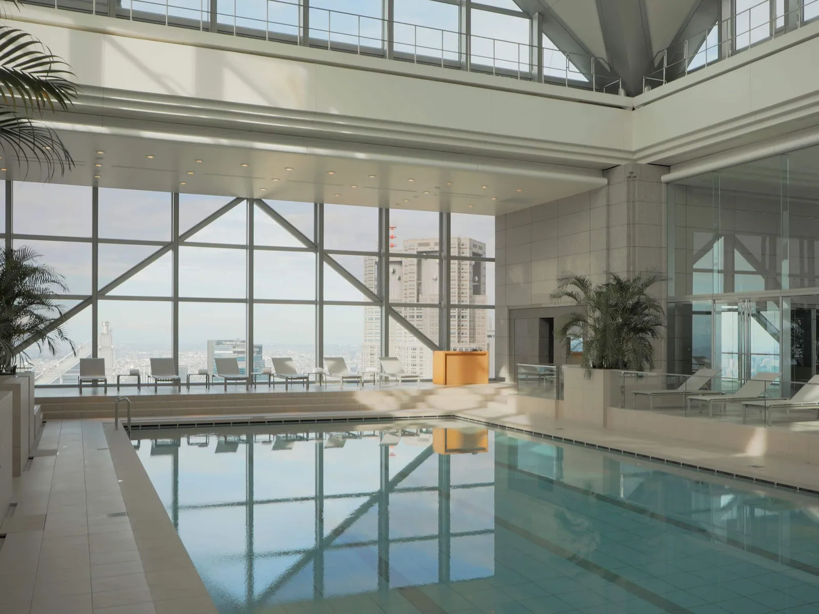 The indoor pool by day, under its glass roof, with full-height windows onto the Shinjuku towers.