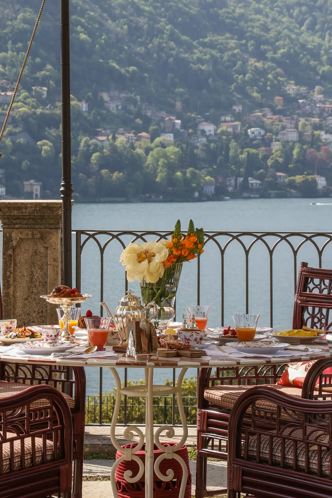 Breakfast laid on a terrace above the lake