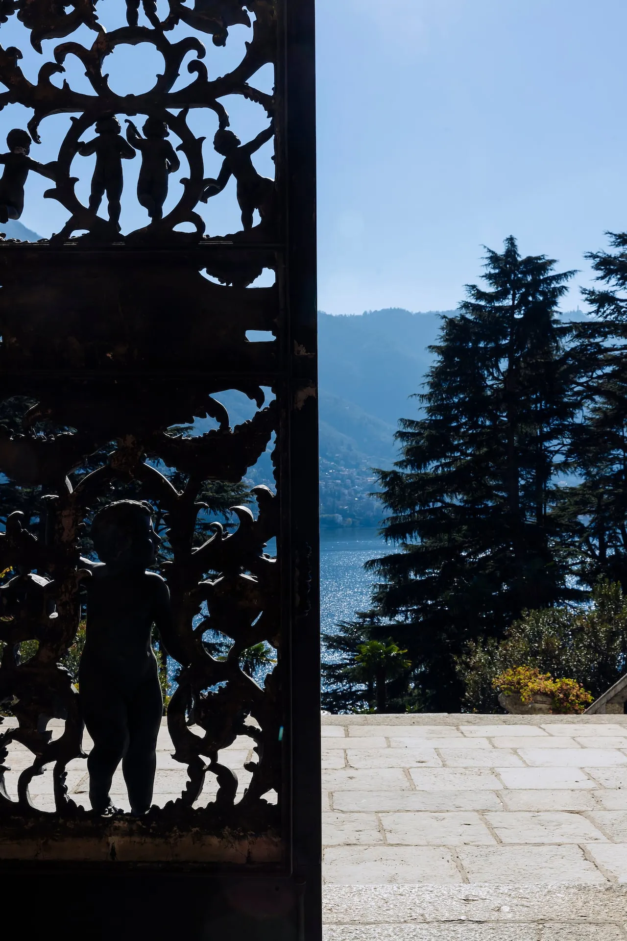 The wrought-iron gate opening onto the lake and a cedar