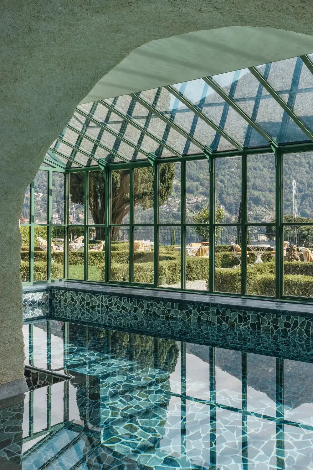The spa’s indoor pool under its glass roof