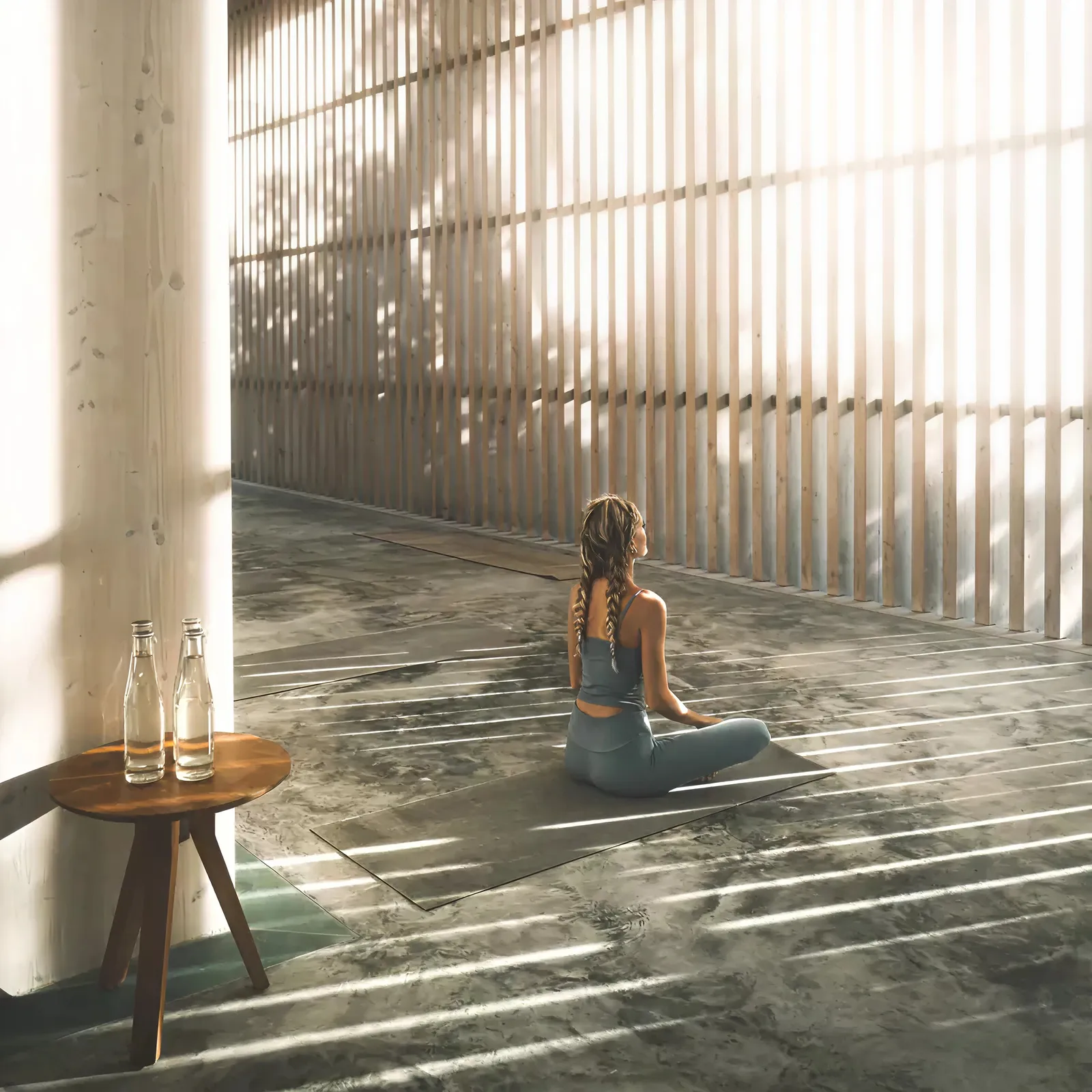 A woman meditating on the floor of a room of timber slats, sunlight cutting across it