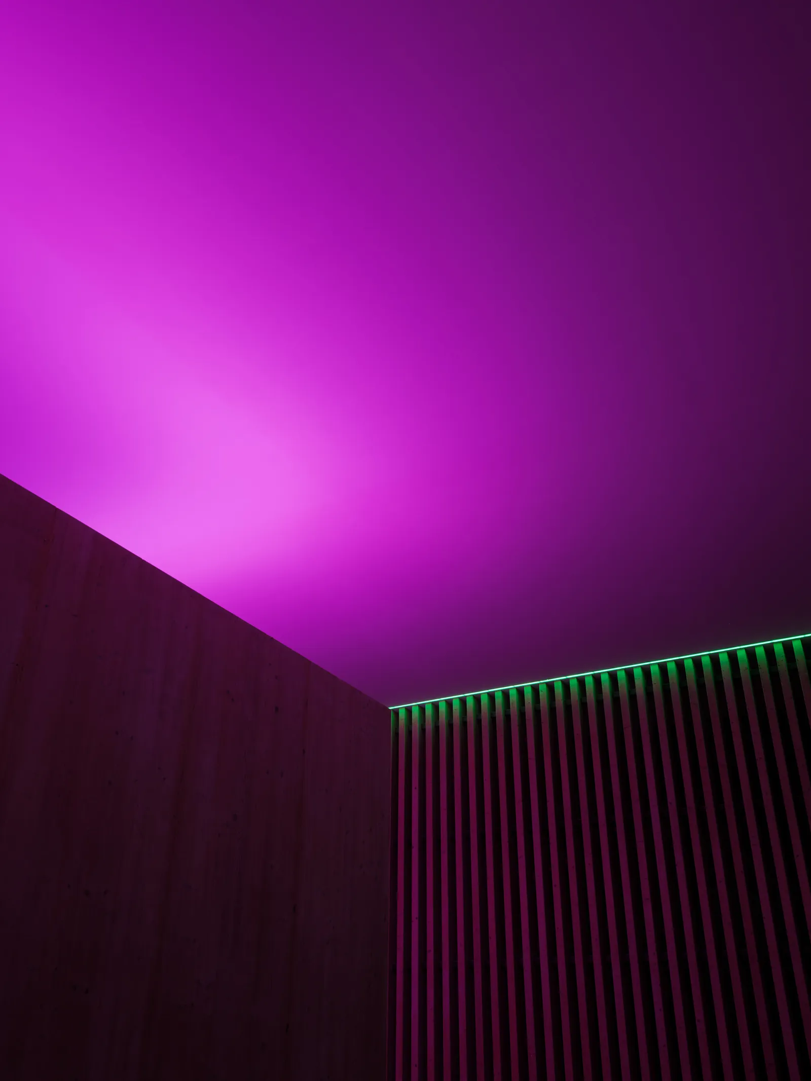The Skyspace ceiling lit violet, a line of green light along its edge