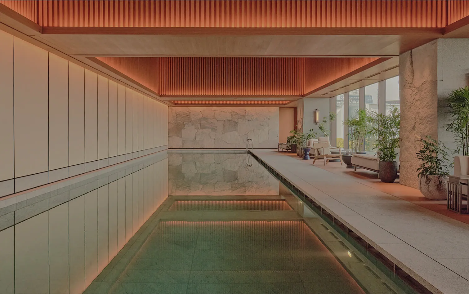 The 20-metre indoor pool under a timber ceiling, loungers and plants along the windows