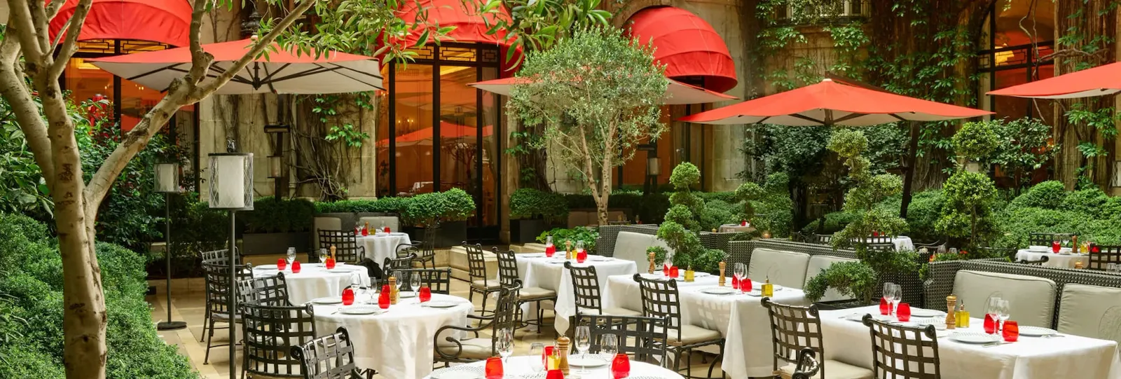 The courtyard with laid tables, red parasols, trees and greenery along the walls