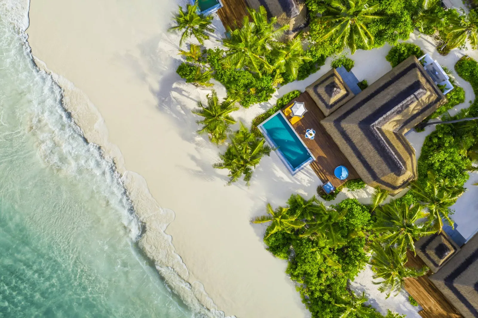 A Family Beach Pool Villa from above, its pool among the palms beside the beach.