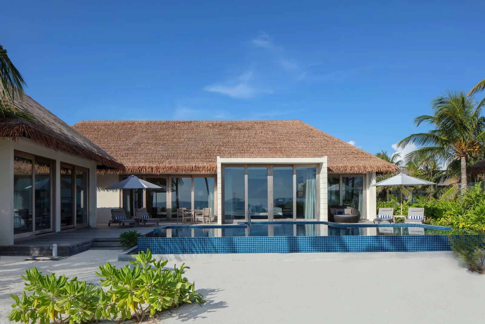 A 3-bedroom beach villa, thatched, its long pool and the white sand in front.