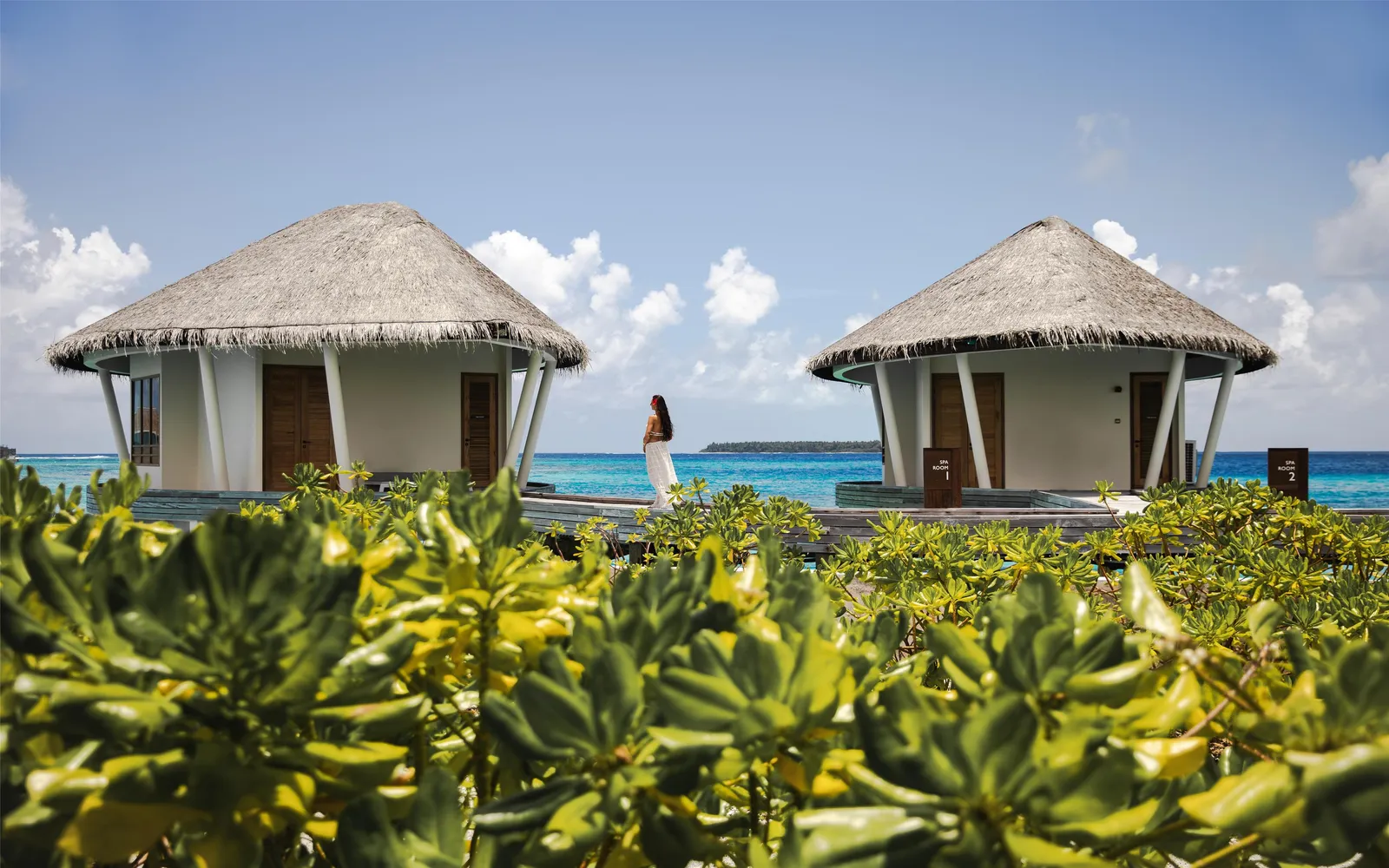 2 round thatched spa pavilions beyond the greenery, with the sea behind.