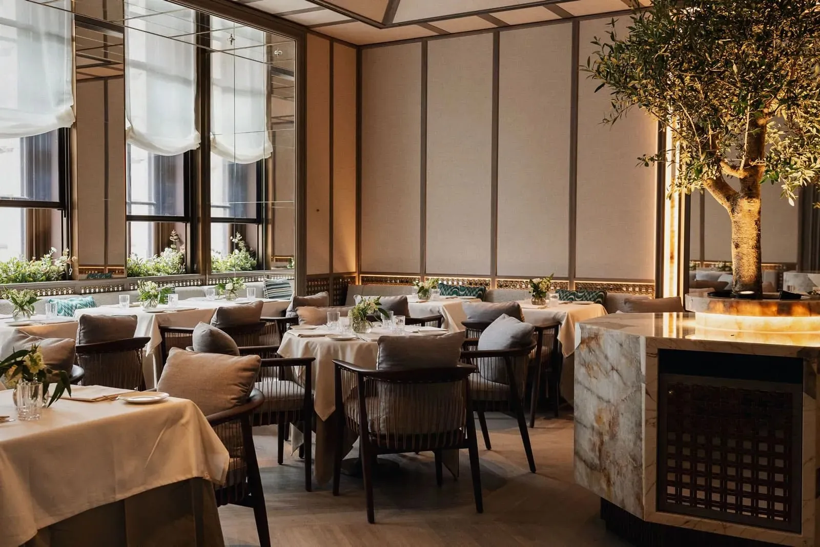 Paper Moon London’s dining room: laid tables, olive trees rising from the floor, tall windows and terracotta banquettes