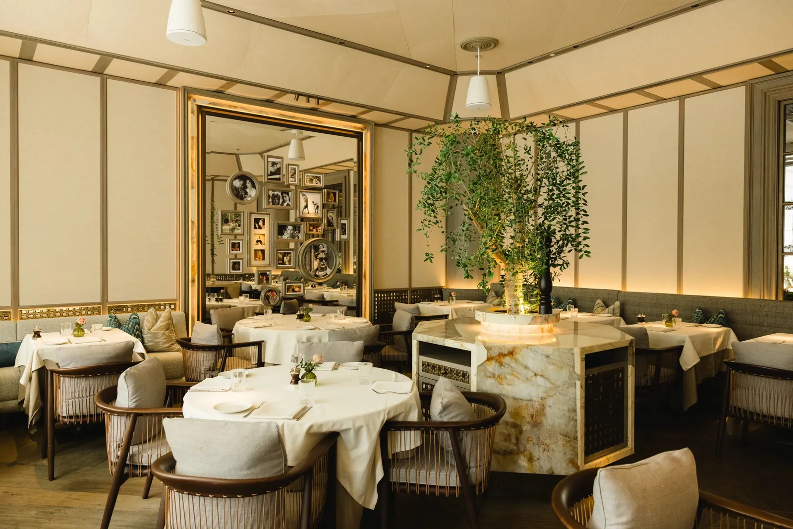 Paper Moon’s dining room: white tablecloths, an olive tree in the middle and mirrored walls