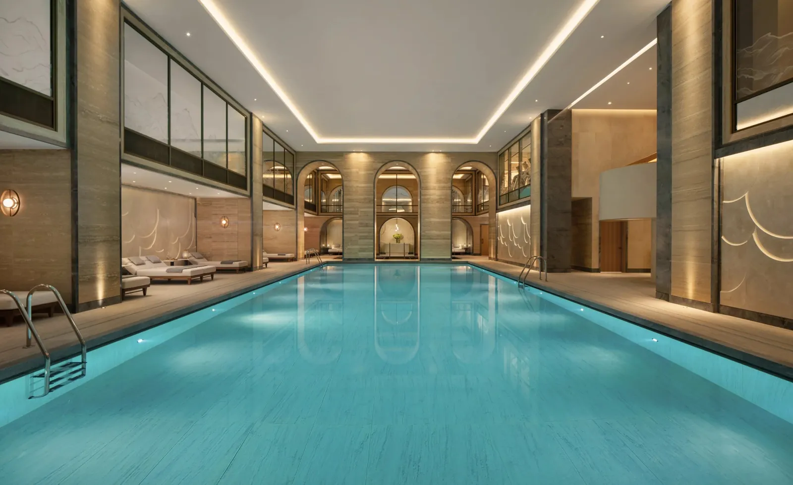The Guerlain spa’s 20-metre pool, blue between pale stone columns