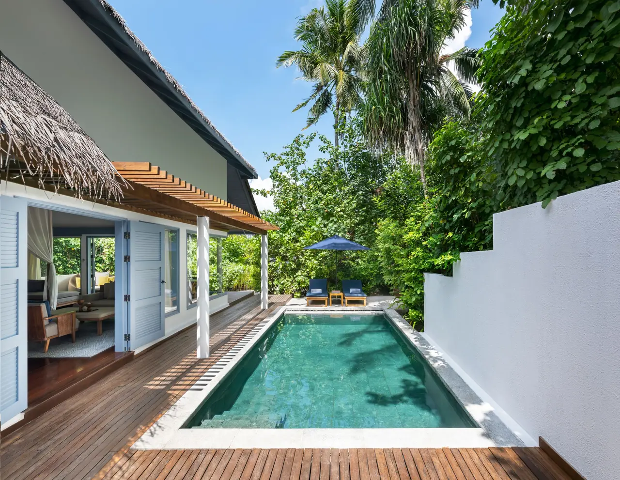 A Beach Pool Villa’s private pool, between the villa’s veranda and the garden