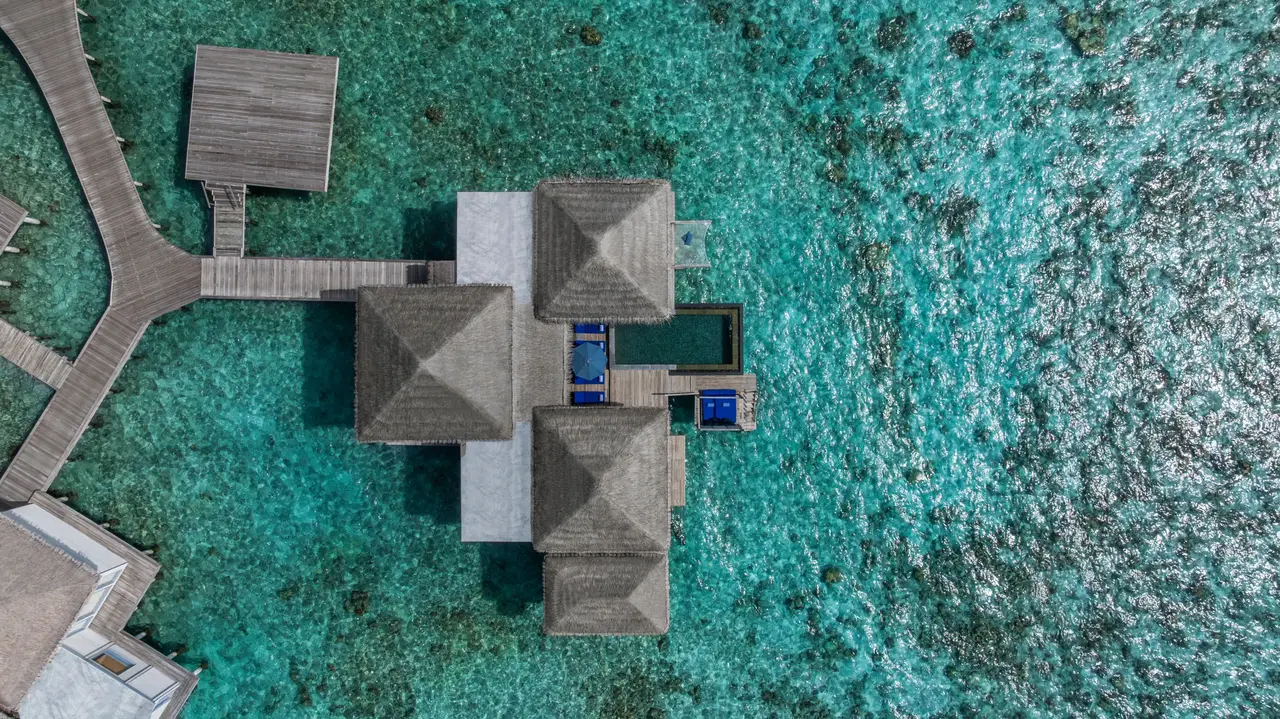 A 2-bedroom Overwater Retreat from above, on the edge of the reef