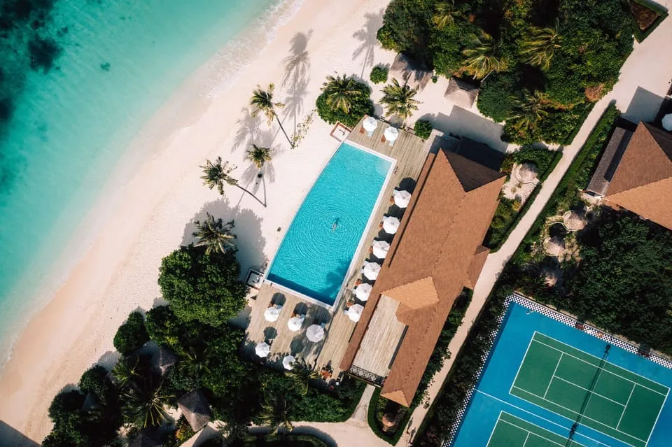 The main pool, beach and sports facilities from above