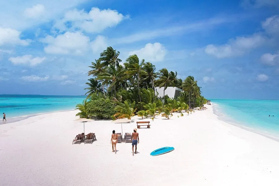 A couple walk across the white beach towards the loungers, in front of a clump of palms.