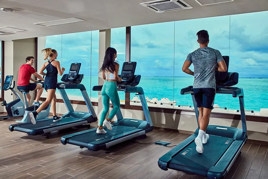 The gym, with treadmills facing a glass wall onto the sea, and 4 people working out.
