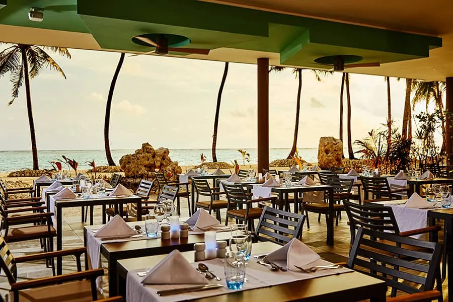 Palm’s terrace at sunset, its tables laid among the palms and the sea beyond the sand.