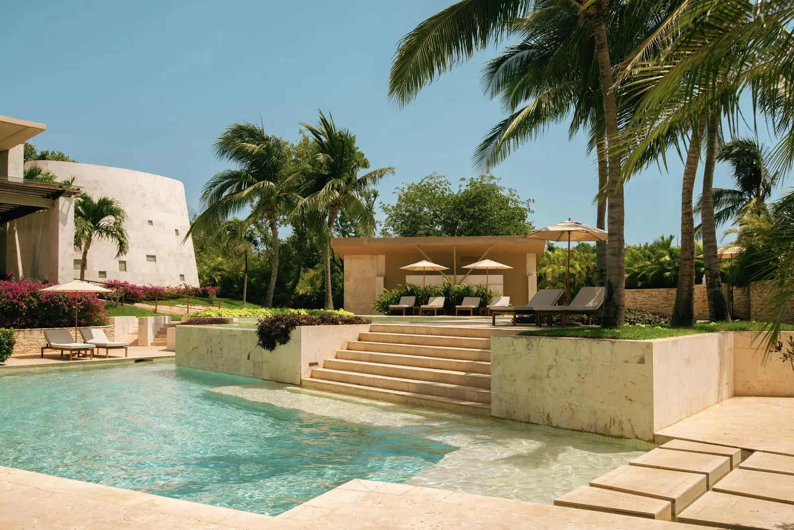 The Casa del Lago pool and its steps among the gardens