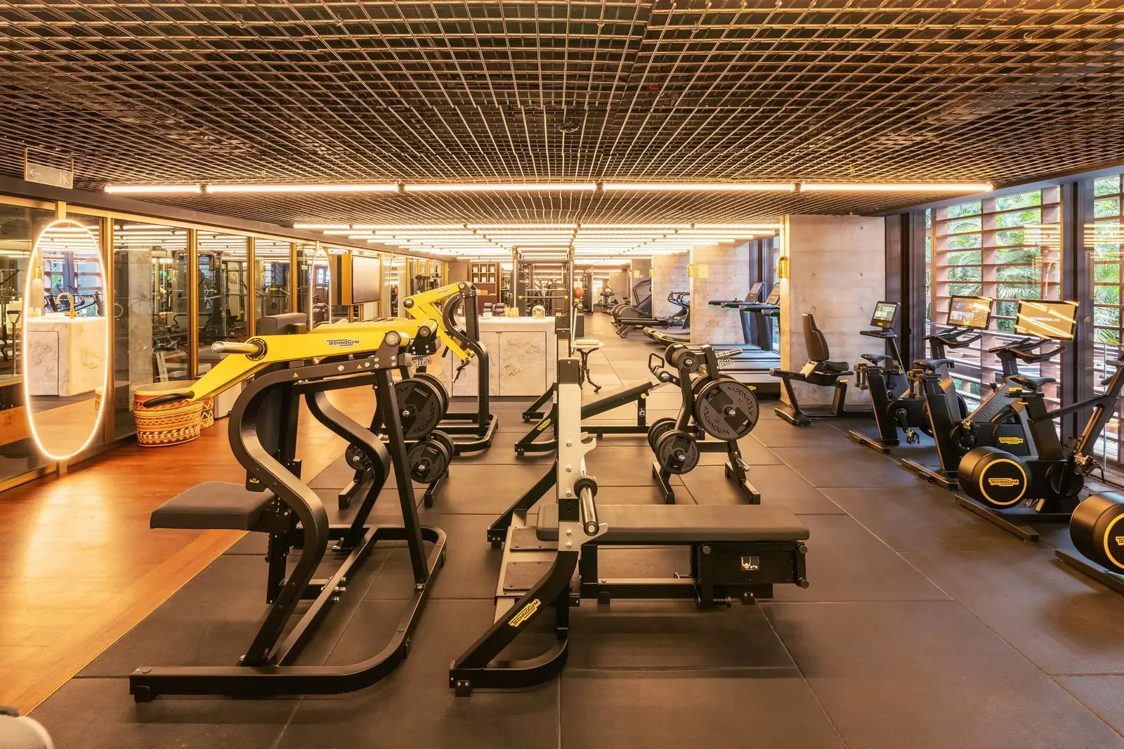 Weights and equipment in the glass-fronted gym