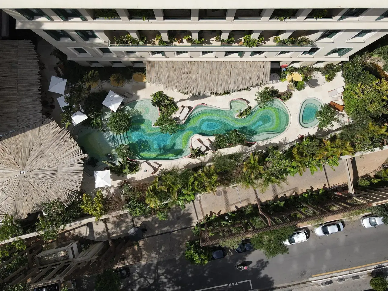 An overhead view of the Emerald pool and gardens