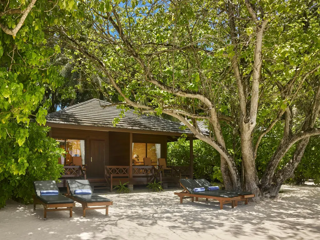 A beach villa under a large tree, with its veranda and loungers on the sand.