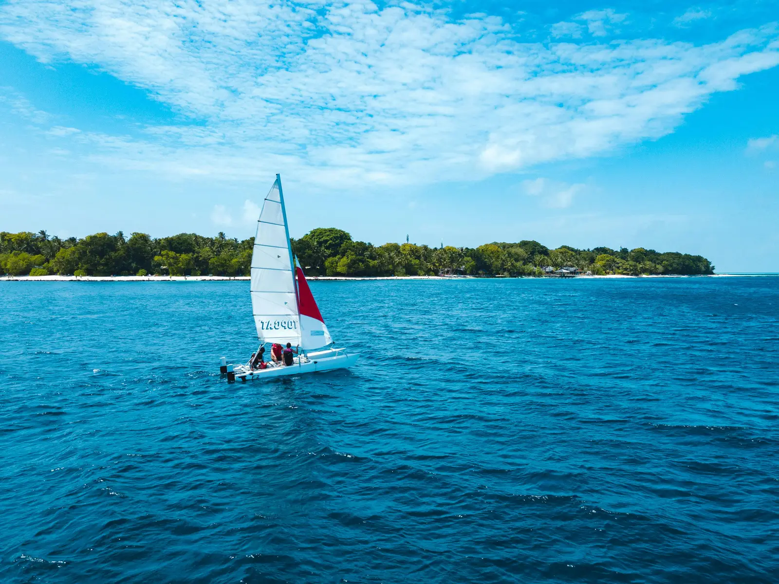 A sailing catamaran on the blue water, the green island and its beach on the horizon.