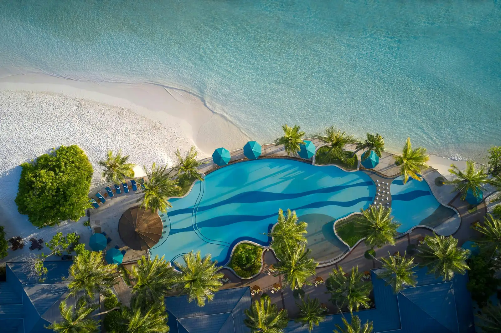 The main pool from above, its curving shape, the children’s pool, the parasols and the beach beside it.
