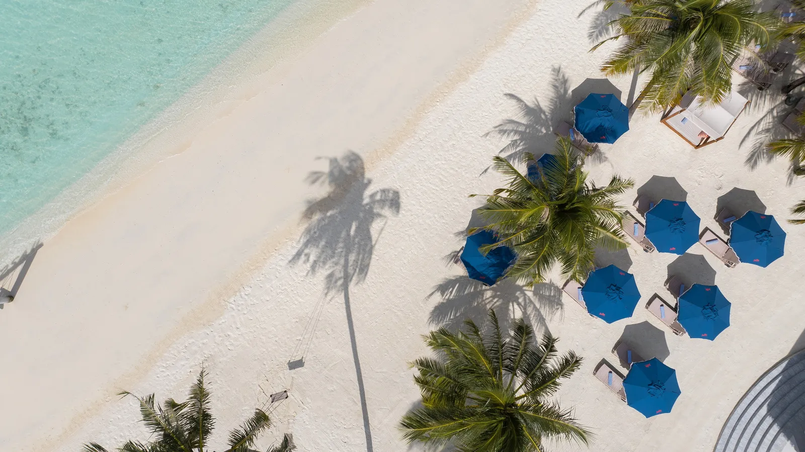SunRay’s beach from above: blue parasols, loungers and palm shadows on the sand