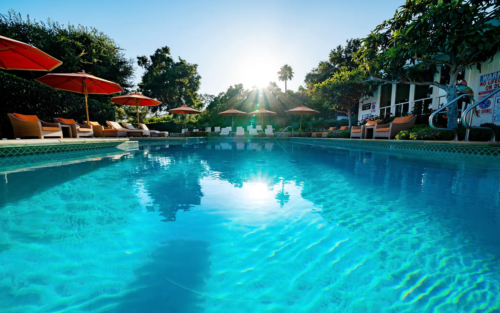 The outdoor pool, its water turquoise, with red parasols and loungers along the edge in low sun.