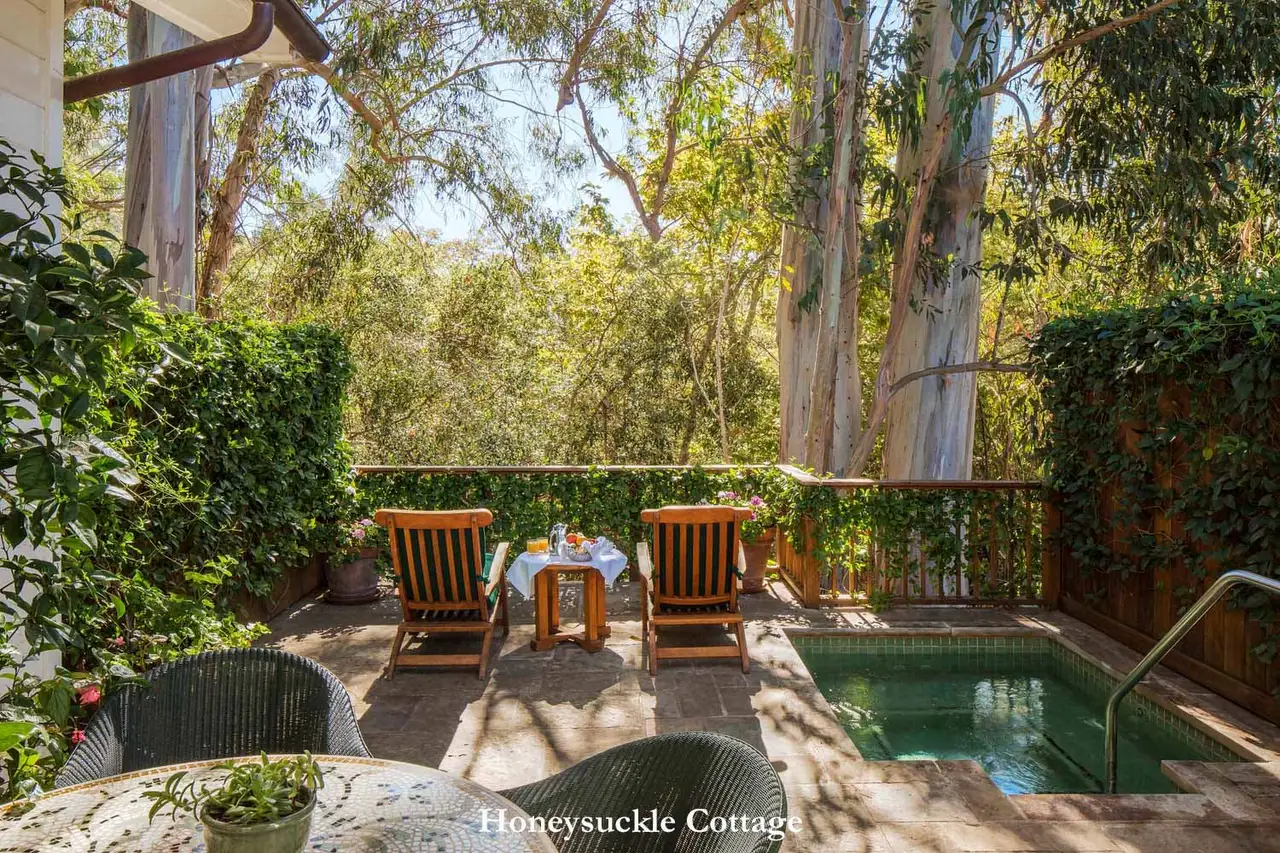 Honeysuckle: the deck among eucalyptus trees, with 2 wooden loungers and the sunken spa.