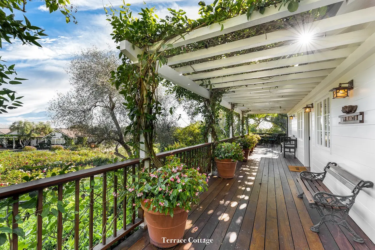 Terrace: the long wooden porch with its railing, an iron bench, pots of flowers and the garden below.
