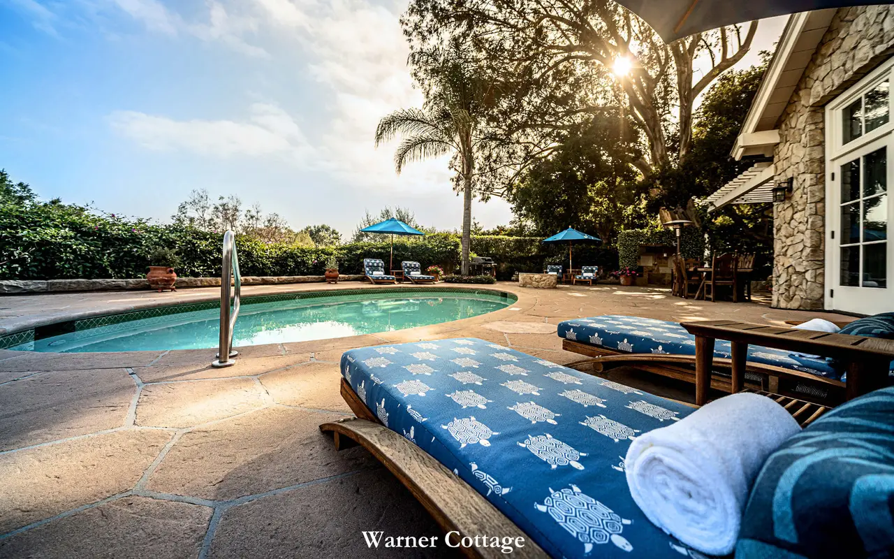 Warner: the private pool with blue-patterned loungers, parasols and palms against the light.