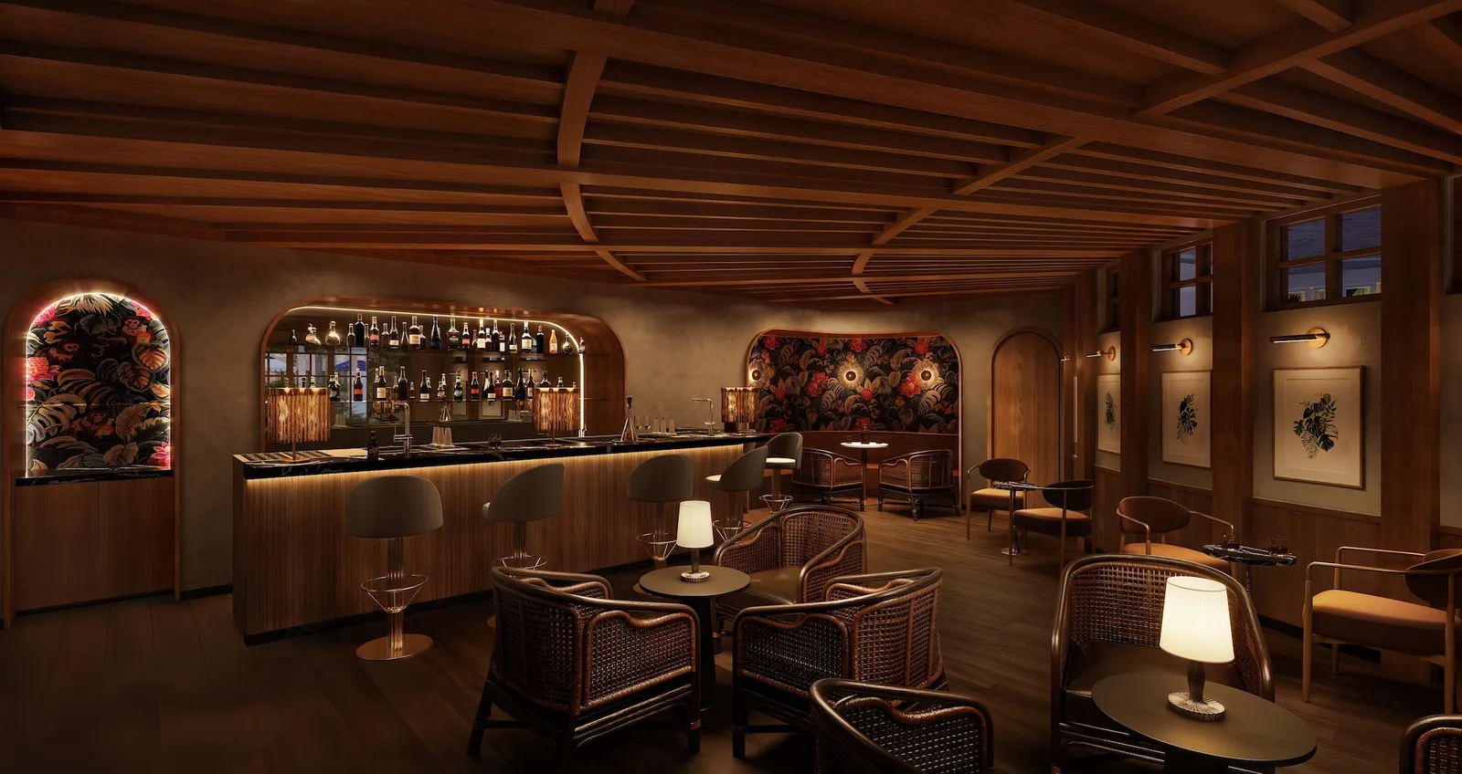Official rendering of the resort after the works: a bar with a dark timber ceiling, rattan armchairs, table lamps and bottles in arched niches.