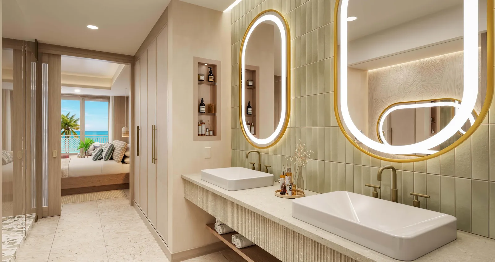 Official rendering of the resort after the works: a bathroom with twin basins, backlit oval mirrors and pale green tiles.