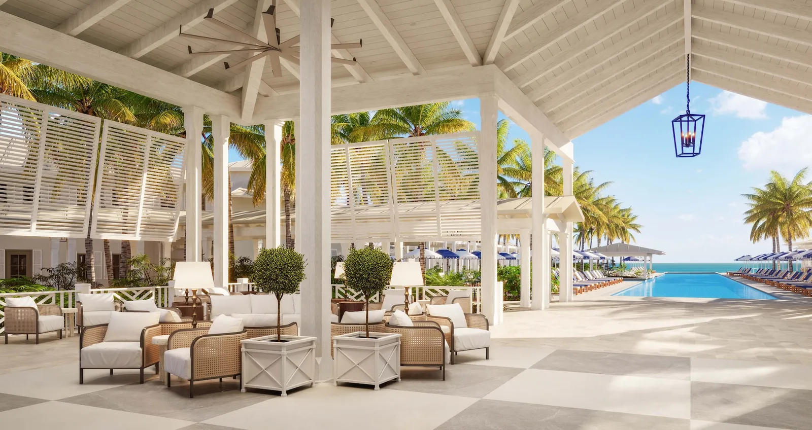 Official rendering of the resort after the works: an open-air lounge under a white trussed roof, the pool and the sea beyond.