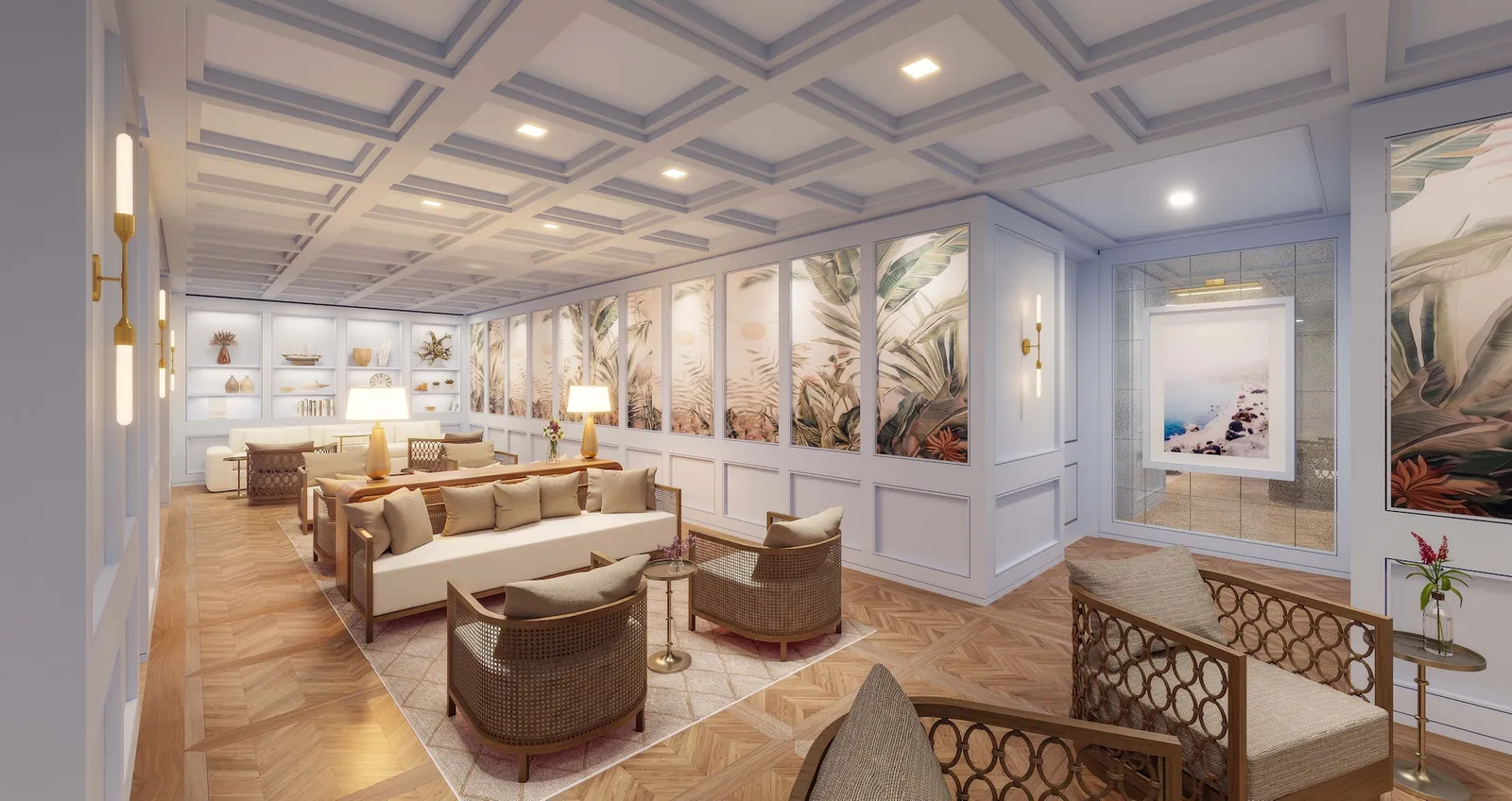 Official rendering of the resort after the works: a lounge with a coffered ceiling, pale sofas, rattan armchairs and botanical prints on the walls.