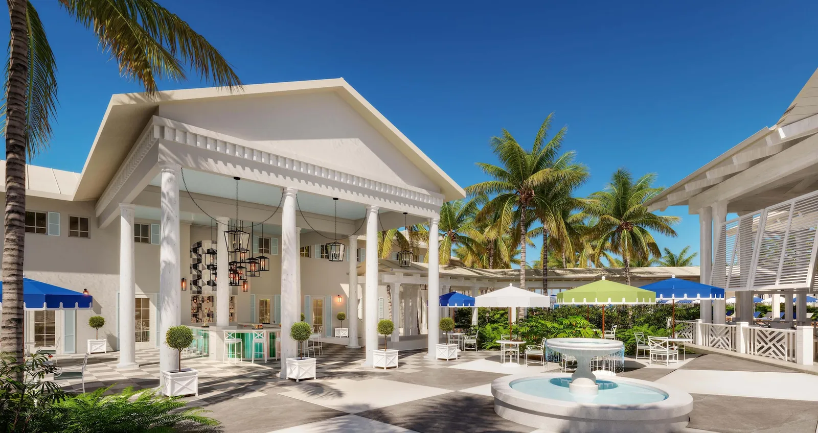 Official rendering of the resort after the works: a white columned pavilion with a pediment beside a fountain, among parasols and palms.