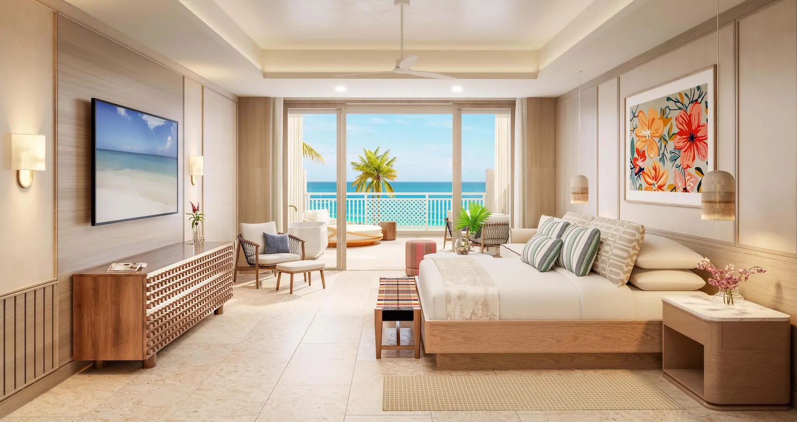 Official rendering of the resort after the works: a bedroom with the bed facing the glass doors, pale timber panelling and the sea beyond the balcony.