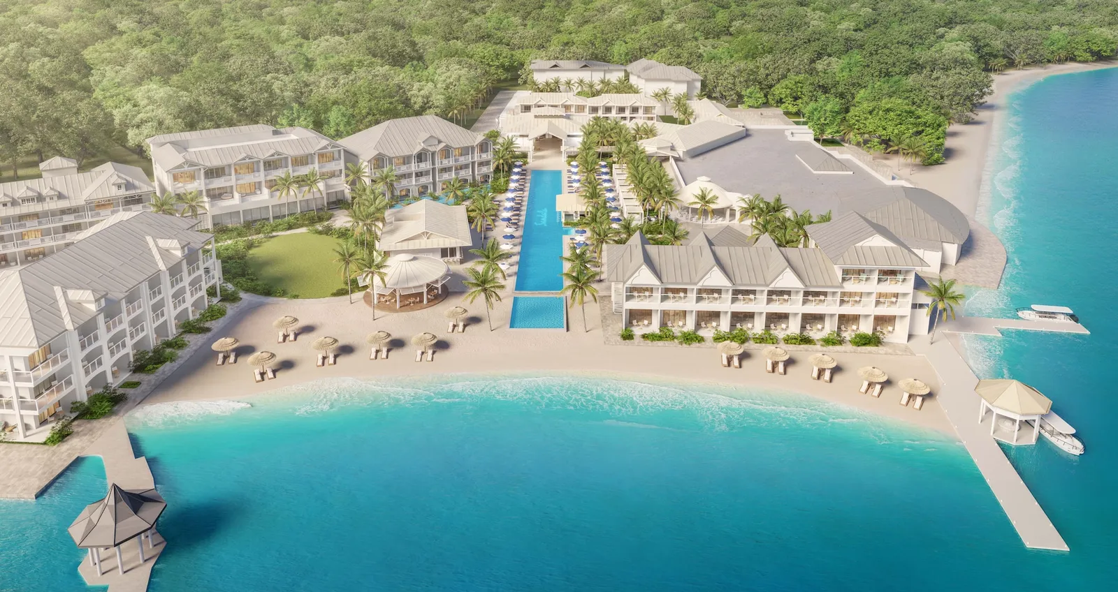 Official rendering of the resort after the works: the resort from above, its white buildings round the long pool, the crescent beach and the boat jetty.