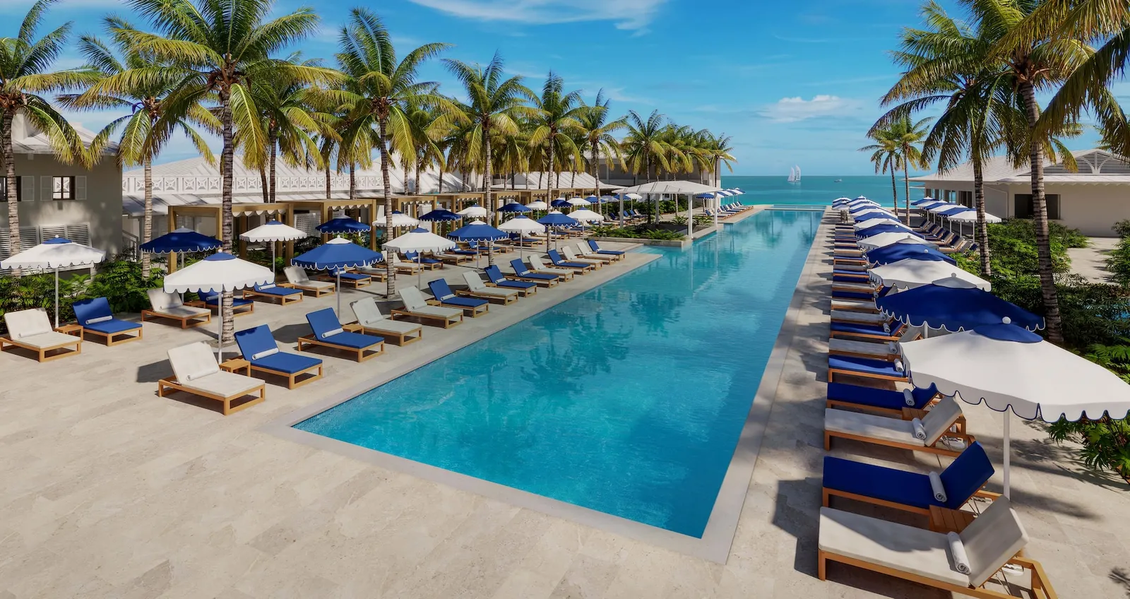 Official rendering of the resort after the works: the new long pool running towards the sea, between 2 rows of loungers and blue-and-white parasols under the palms.