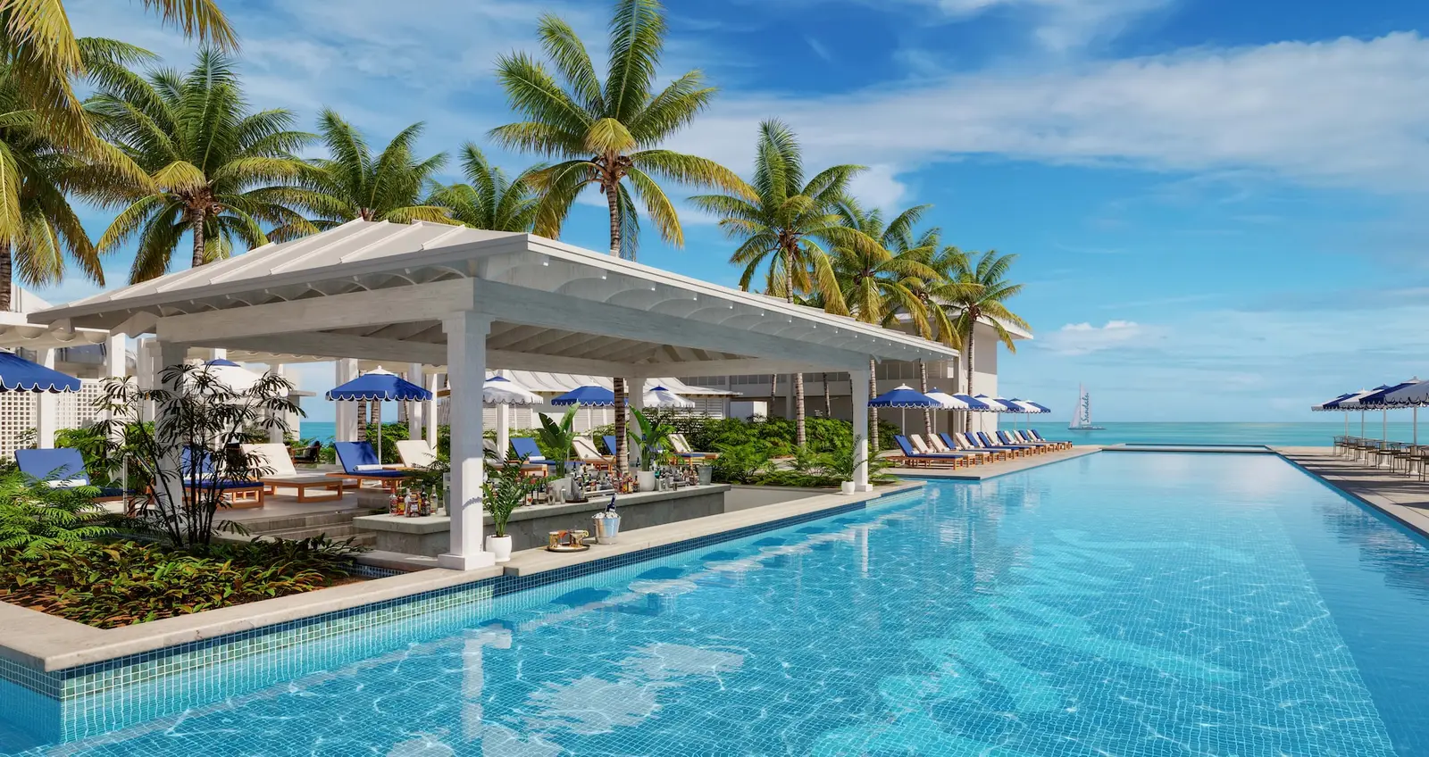 Official rendering of the resort after the works: a white poolside pavilion with shaded tables, the sea beyond the pool’s infinity edge.