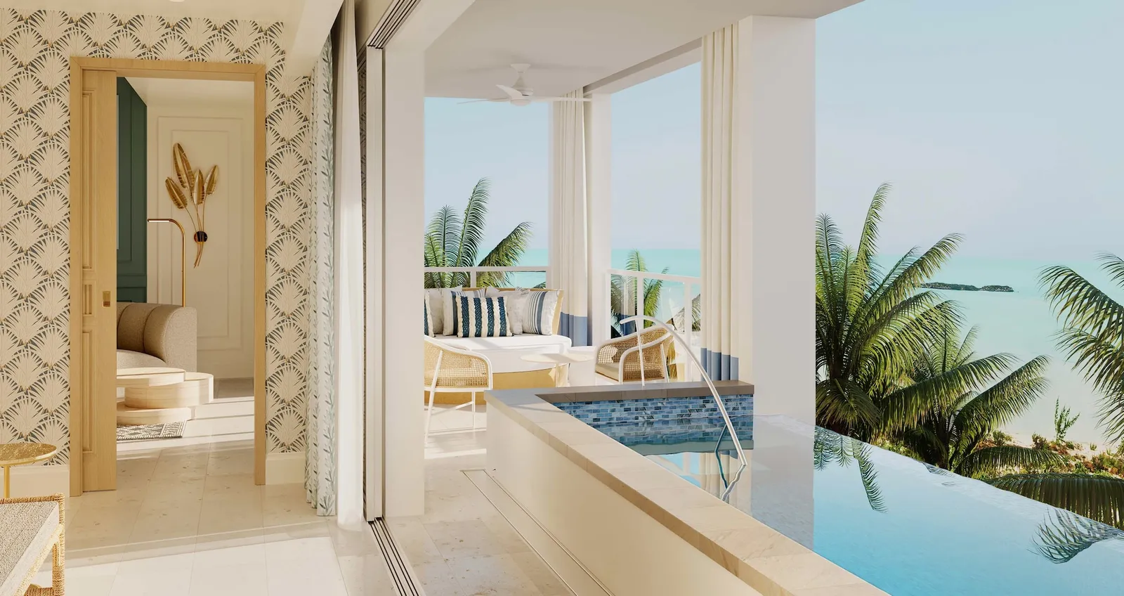 Official rendering of the resort after the works: the suite’s terrace with a mosaic-lined infinity pool above the palms.