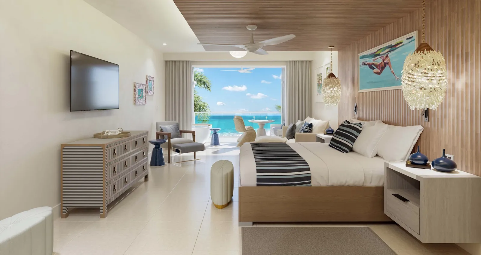Official rendering of the resort after the works: a bedroom with a ribbed timber wall, shell pendant lamps and the sea through the opening.